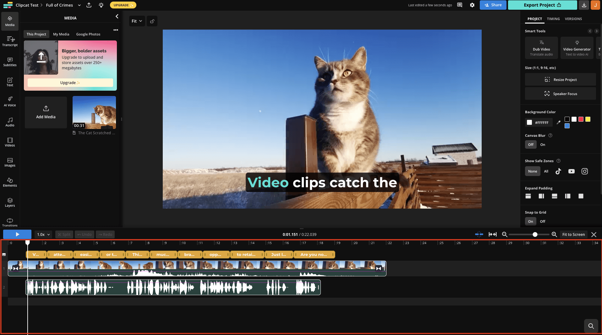 Screenshot of Kapwing video editor with timeline outlined in red