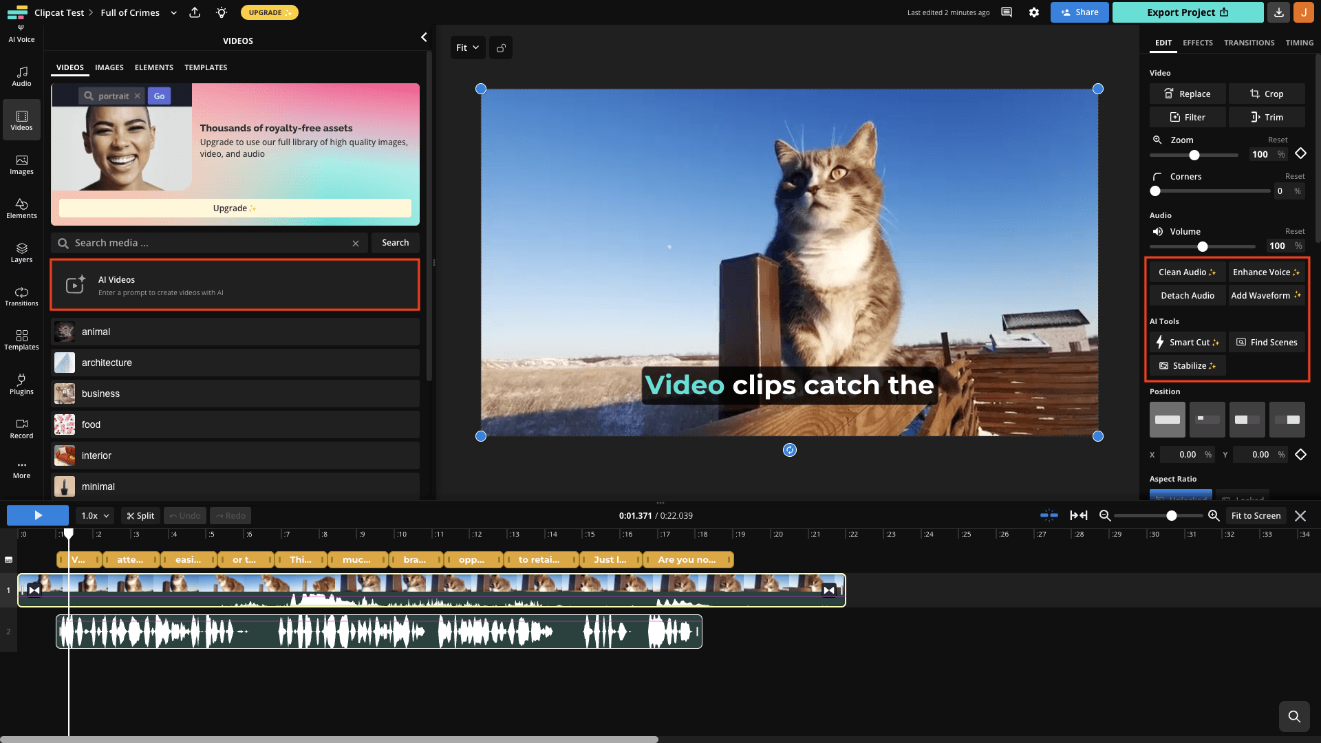 Screenshot of Kapwing video editor with AI tools outlined in red