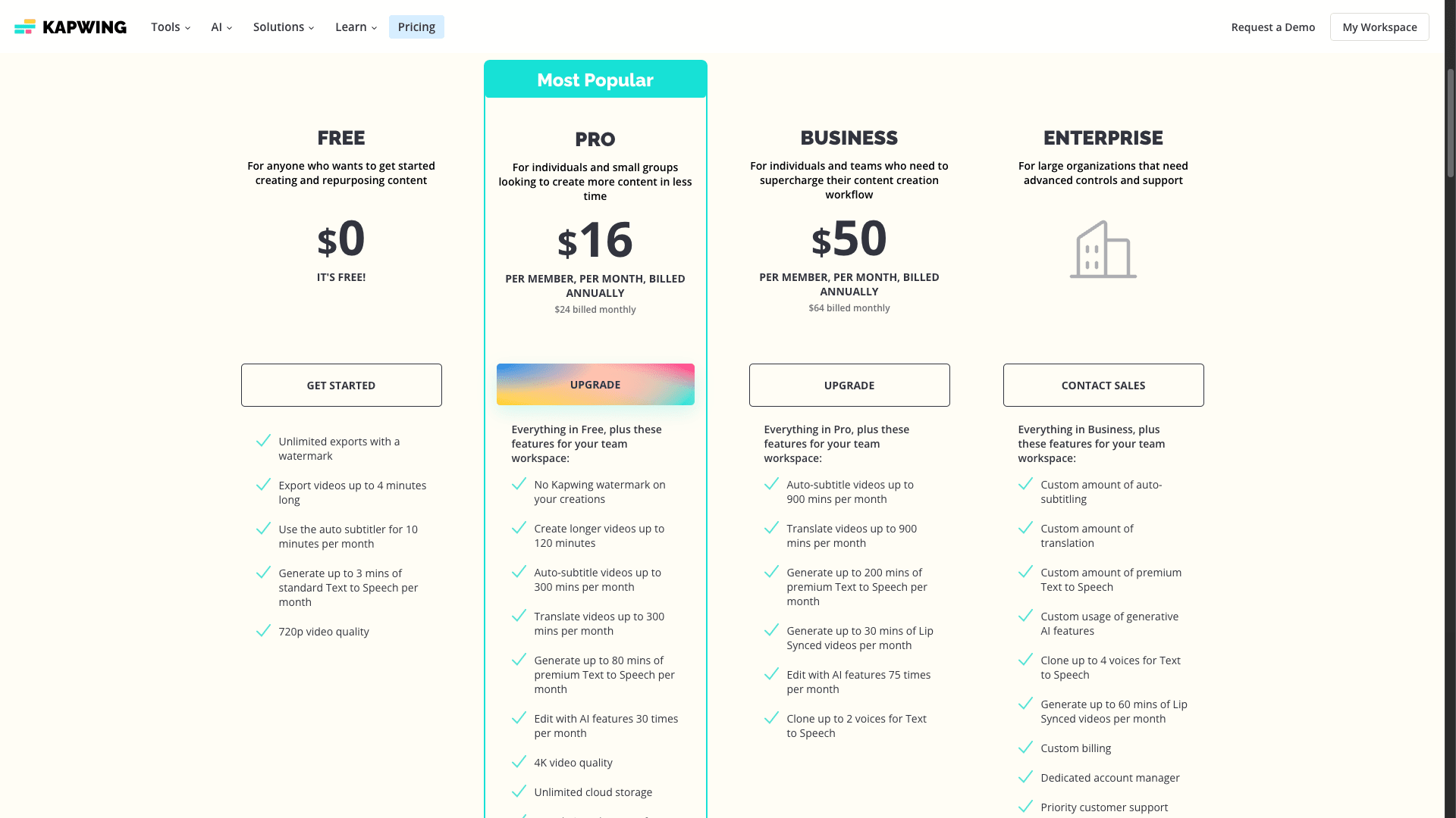 Screenshot of Kapwing pricing page